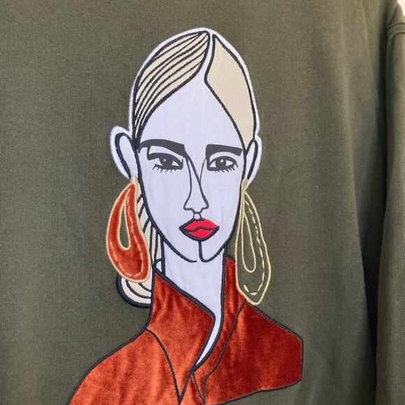 ZARA Graphic Crewneck Sweatshirt, quilted emrboidery, olive green, Size Small - Picture 3 of 7